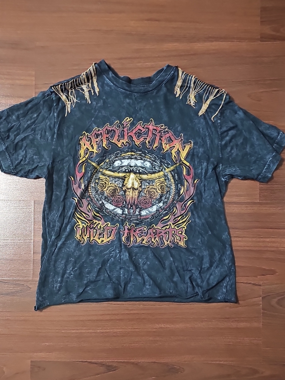 Affliction Black Tie-Dye Graphic Tee with Gold Fringe